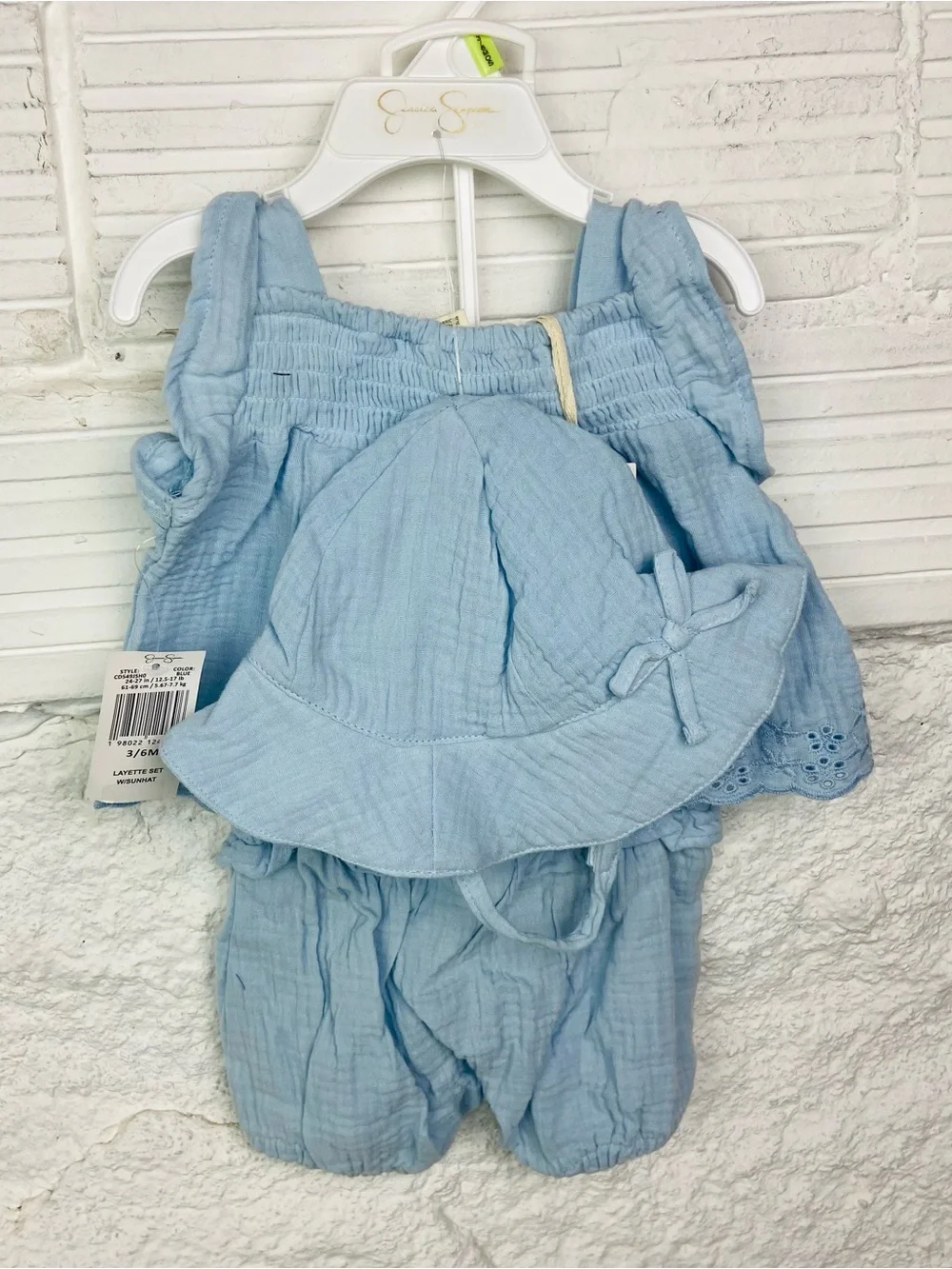 NWT Jessica Simpson Light Blue Cotton Gauze top & Bottoms Set with Matching Hat